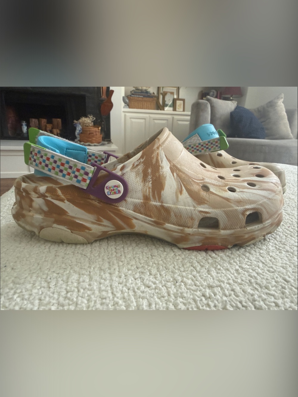 CROCS Beige Marble Clog with Multicolor Strap Cinnamon Toast Crunch